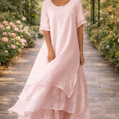 Women's Midi Elegant Dress | Round Neckline Short Sleeve Tiered