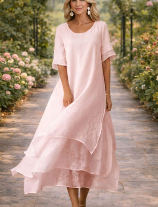 Women's Midi Elegant Dress | Round Neckline Short Sleeve Tiered