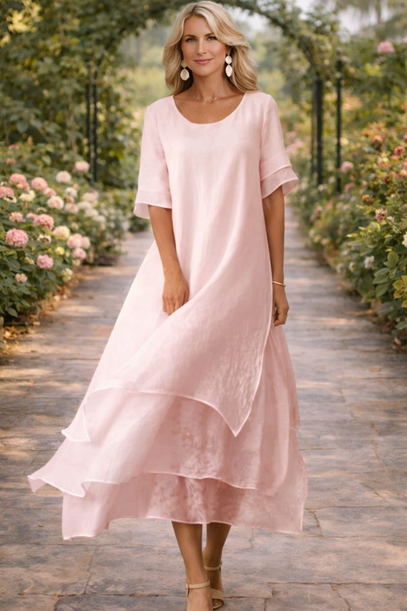 Women's Midi Elegant Dress | Round Neckline Short Sleeve Tiered