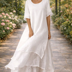 Women's Midi Elegant Dress | Round Neckline Short Sleeve Tiered