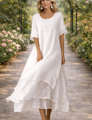 Women's Midi Elegant Dress | Round Neckline Short Sleeve Tiered