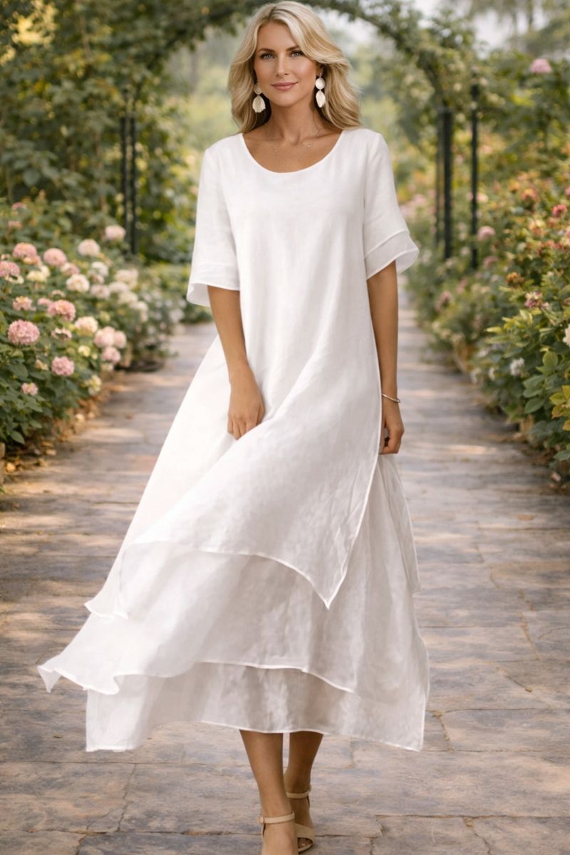 Women's Midi Elegant Dress | Round Neckline Short Sleeve Tiered