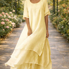 Women's Midi Elegant Dress | Round Neckline Short Sleeve Tiered