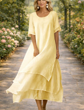 Women's Midi Elegant Dress | Round Neckline Short Sleeve Tiered