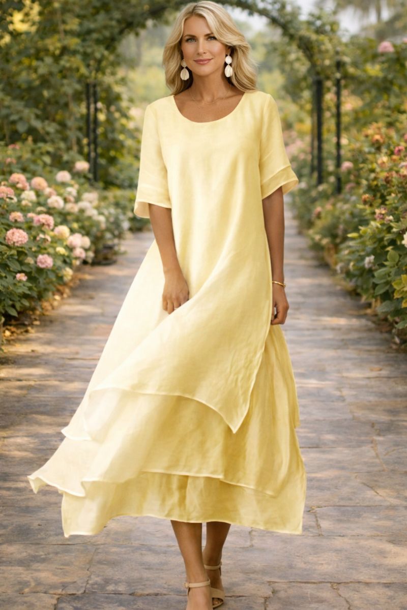 Women's Midi Elegant Dress | Round Neckline Short Sleeve Tiered