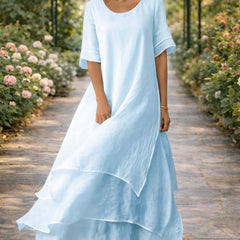 Women's Midi Elegant Dress | Round Neckline Short Sleeve Tiered