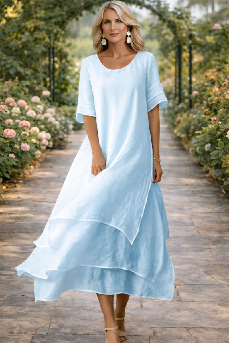 Women's Midi Elegant Dress | Round Neckline Short Sleeve Tiered