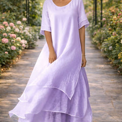 Women's Midi Elegant Dress | Round Neckline Short Sleeve Tiered