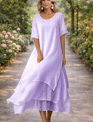 Women's Midi Elegant Dress | Round Neckline Short Sleeve Tiered