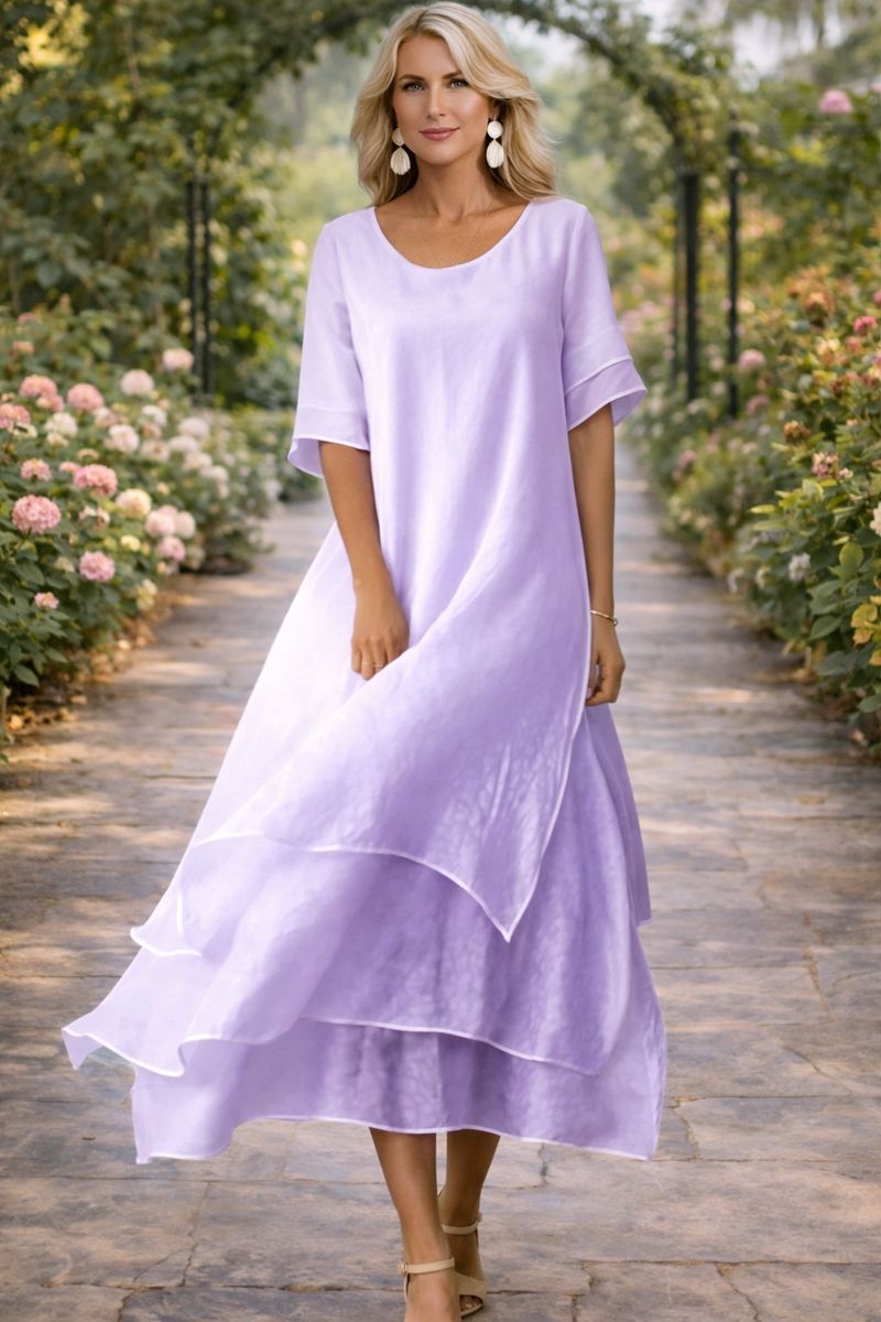 Women's Midi Elegant Dress | Round Neckline Short Sleeve Tiered