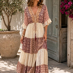 Women's Lace Maxi Dress | Maxi Length V-Neck Tiered Geometric Print