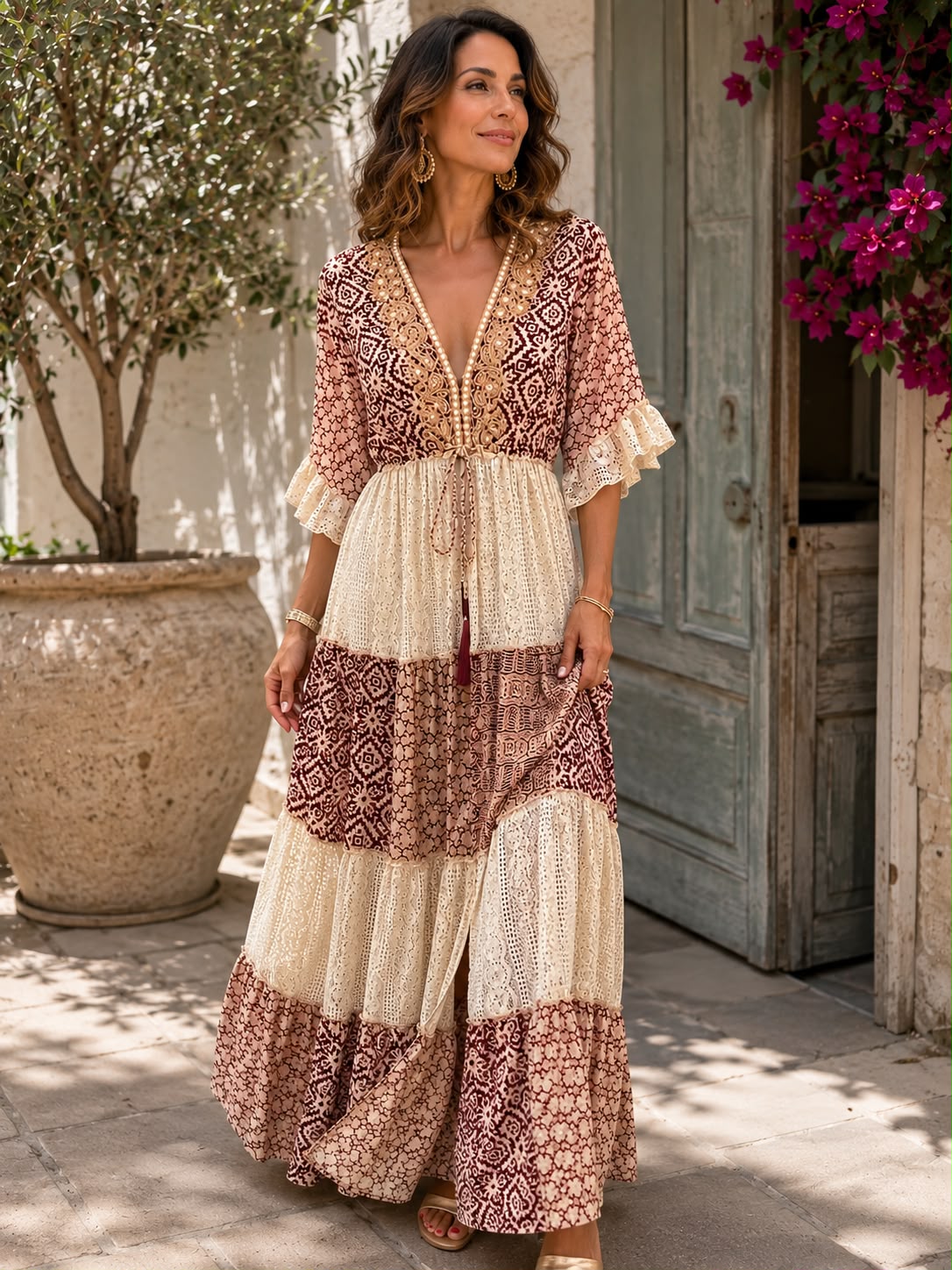Women's Lace Maxi Dress | Maxi Length V-Neck Tiered Geometric Print