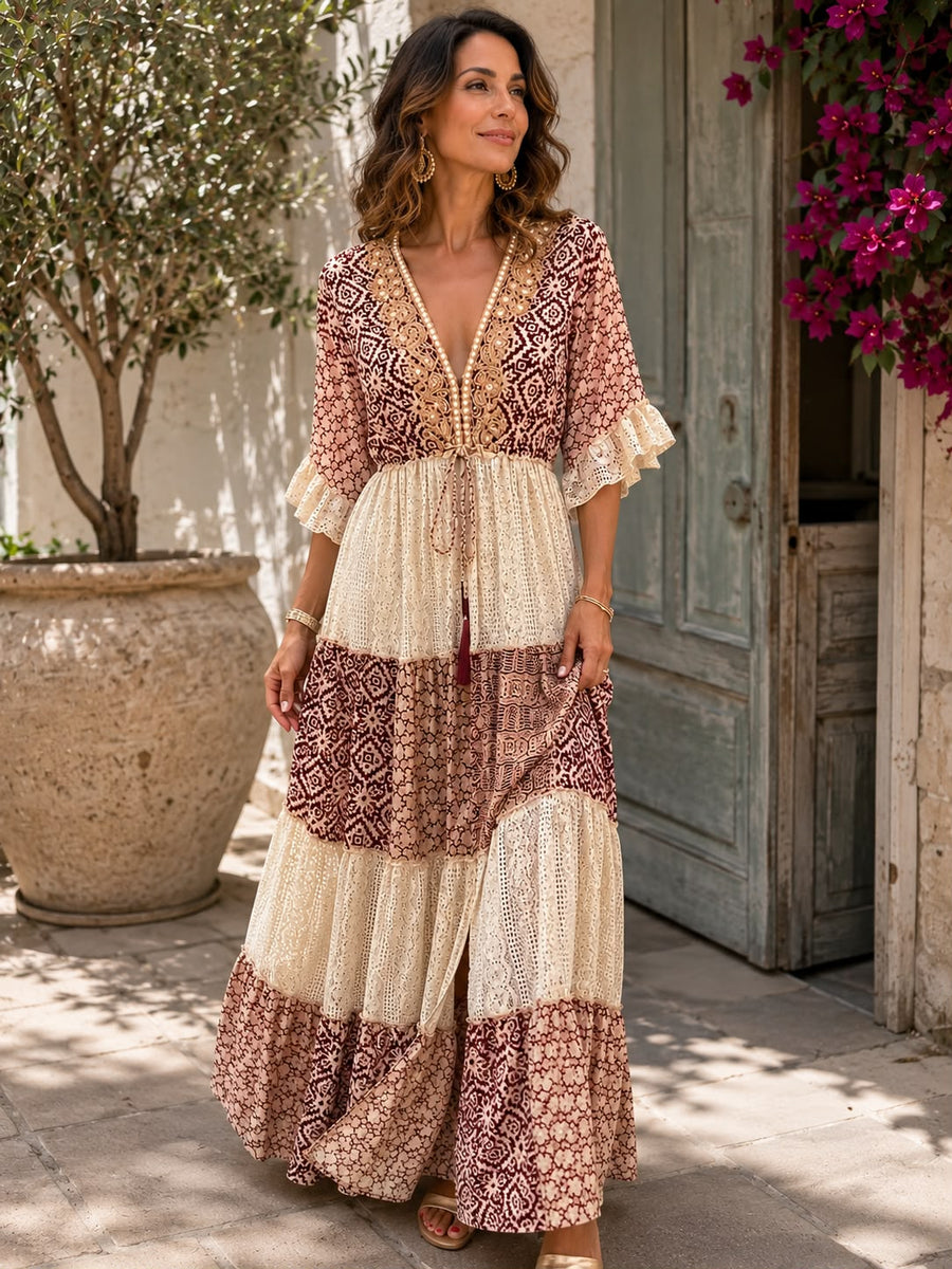 Women's Lace Maxi Dress | Maxi Length V-Neck Tiered Geometric Print