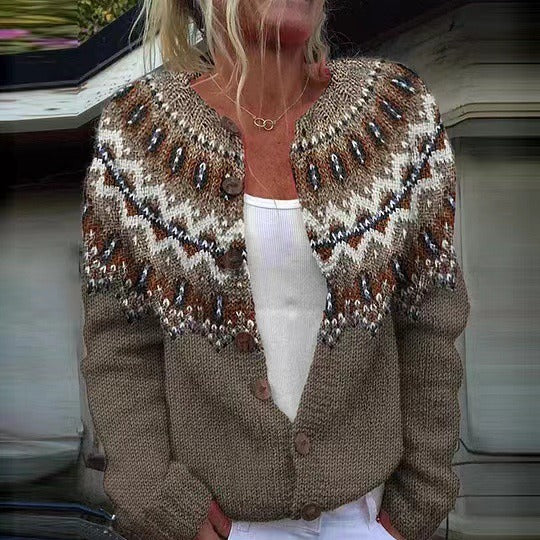 Women's Cardigan | Fair Isle Knit Crew Neck Button Closure