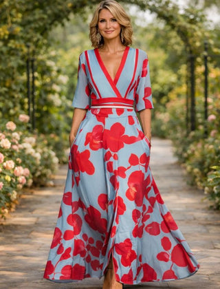 Women's Maxi Dress | V-Neck Half Sleeve Floral Print