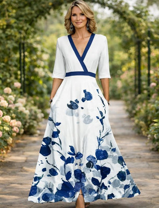 Women's Maxi Dress | V-Neck Half Sleeve Floral Print