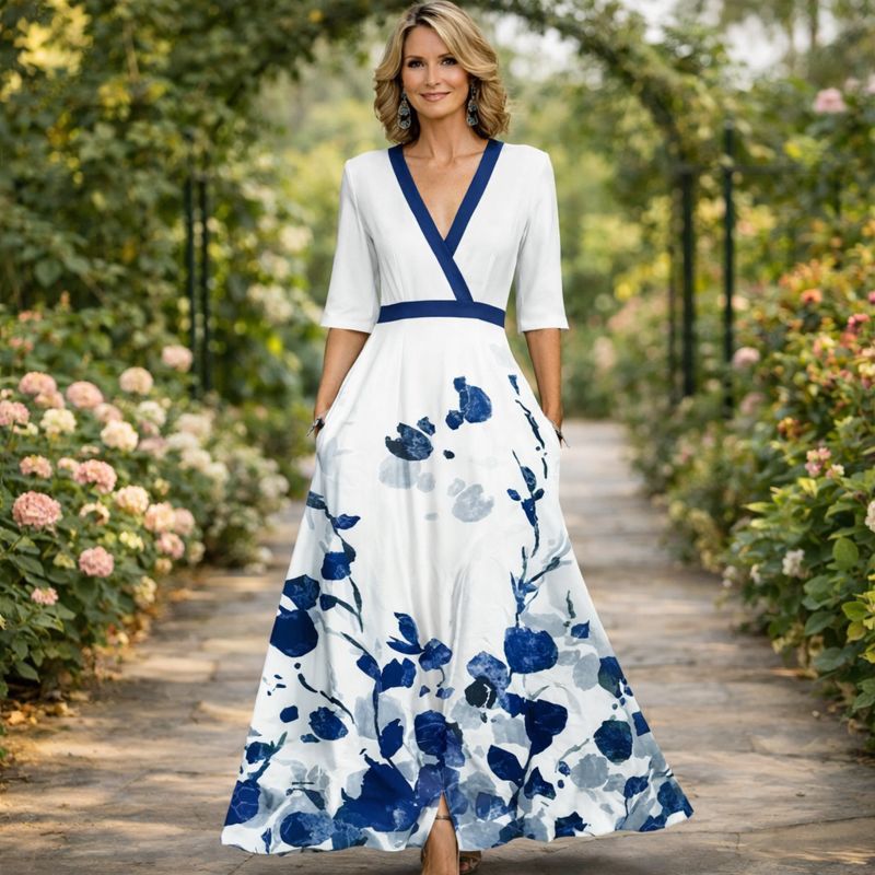 Women's Maxi Dress | V-Neck Half Sleeve Floral Print