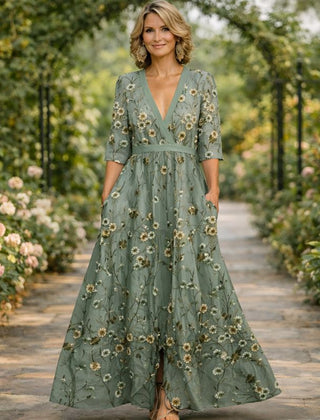 Women's Maxi Dress | V-Neck Half Sleeve Floral Print
