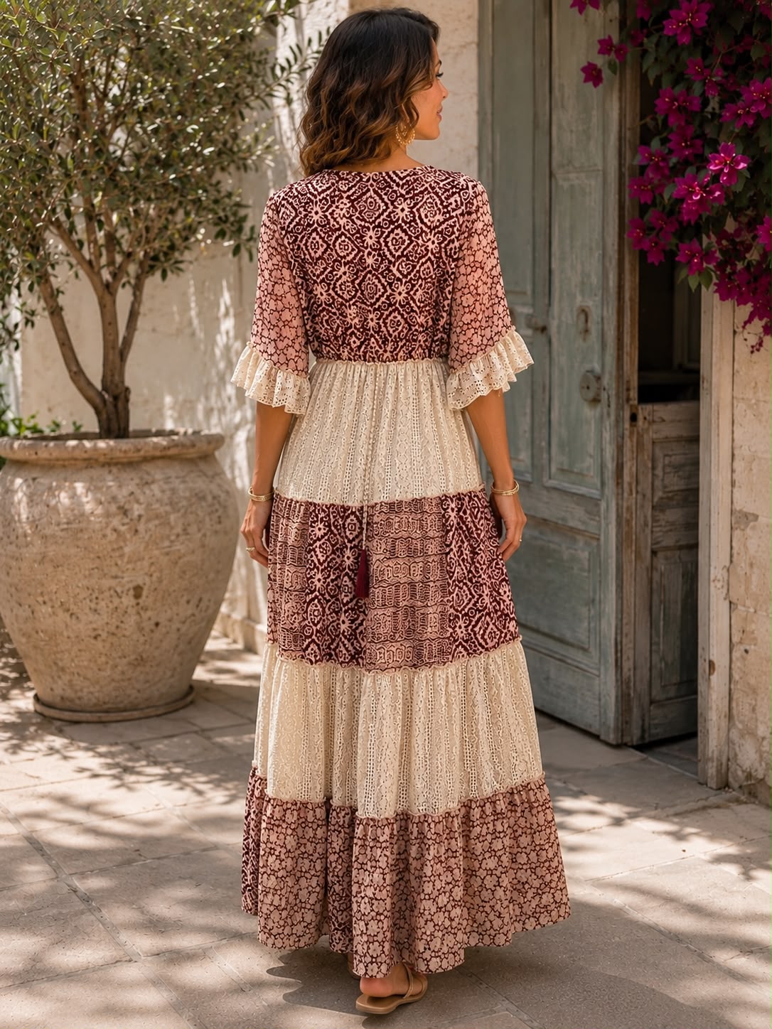 Women's Lace Maxi Dress | Maxi Length V-Neck Tiered Geometric Print