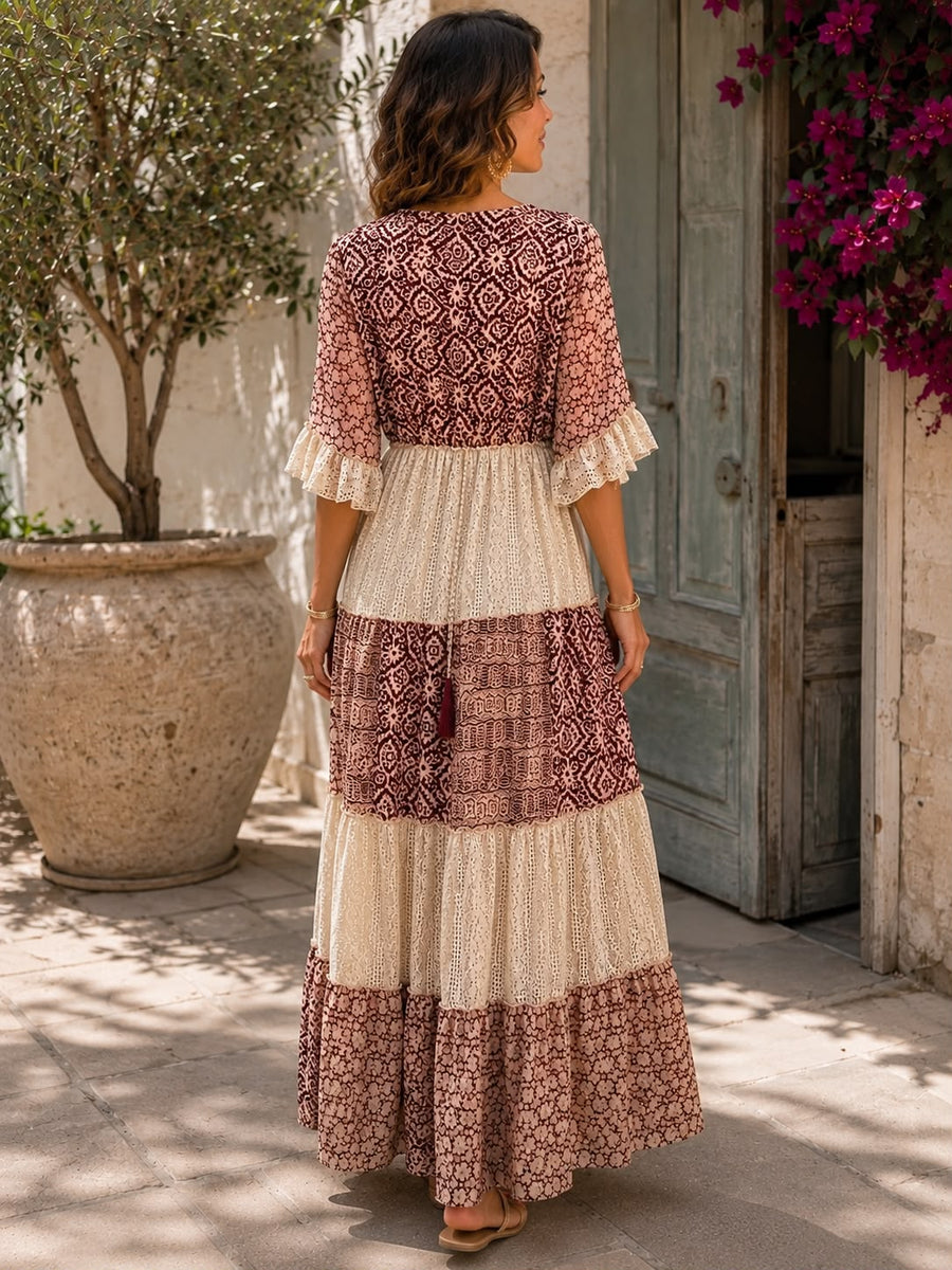 Women's Lace Maxi Dress | Maxi Length V-Neck Tiered Geometric Print