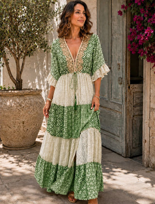 Women's Lace Maxi Dress | Maxi Length V-Neck Tiered Geometric Print