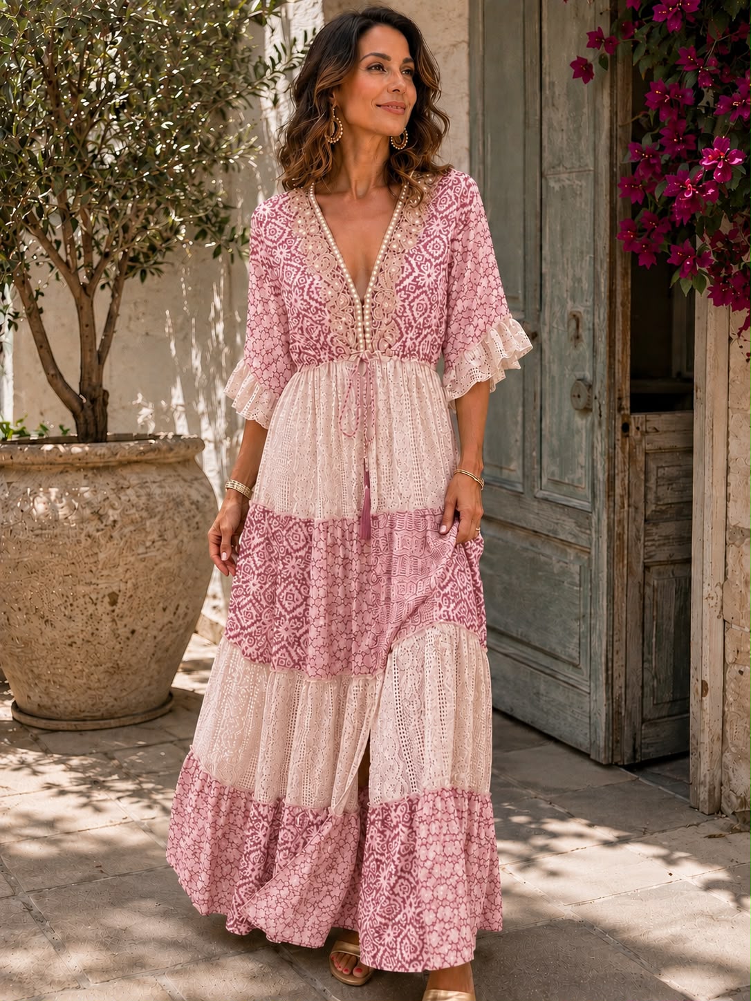 Women's Lace Maxi Dress | Maxi Length V-Neck Tiered Geometric Print
