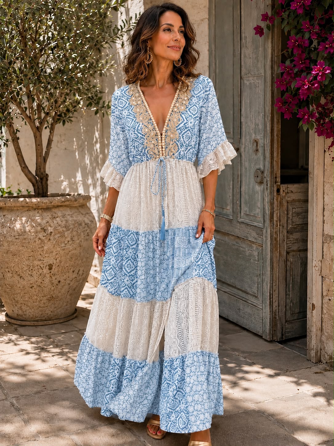 Women's Lace Maxi Dress | Maxi Length V-Neck Tiered Geometric Print