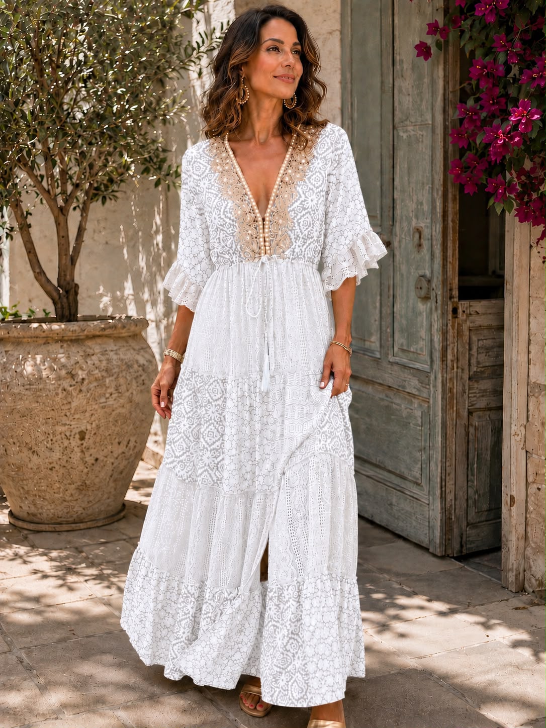 Women's Lace Maxi Dress | Maxi Length V-Neck Tiered Geometric Print