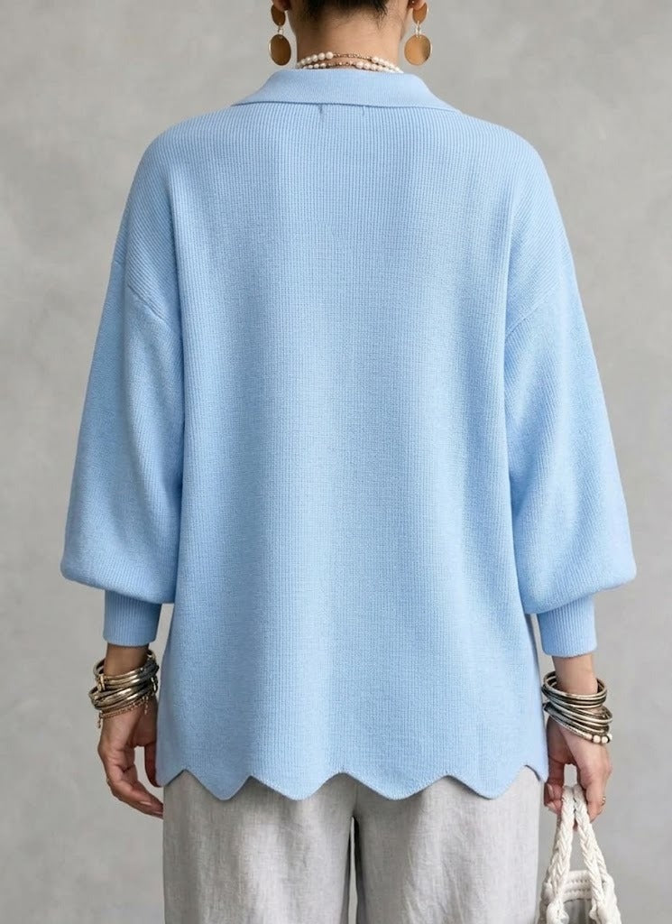 Women's Cardigan | Oversized Lantern Sleeves Scalloped Hem Button Closure
