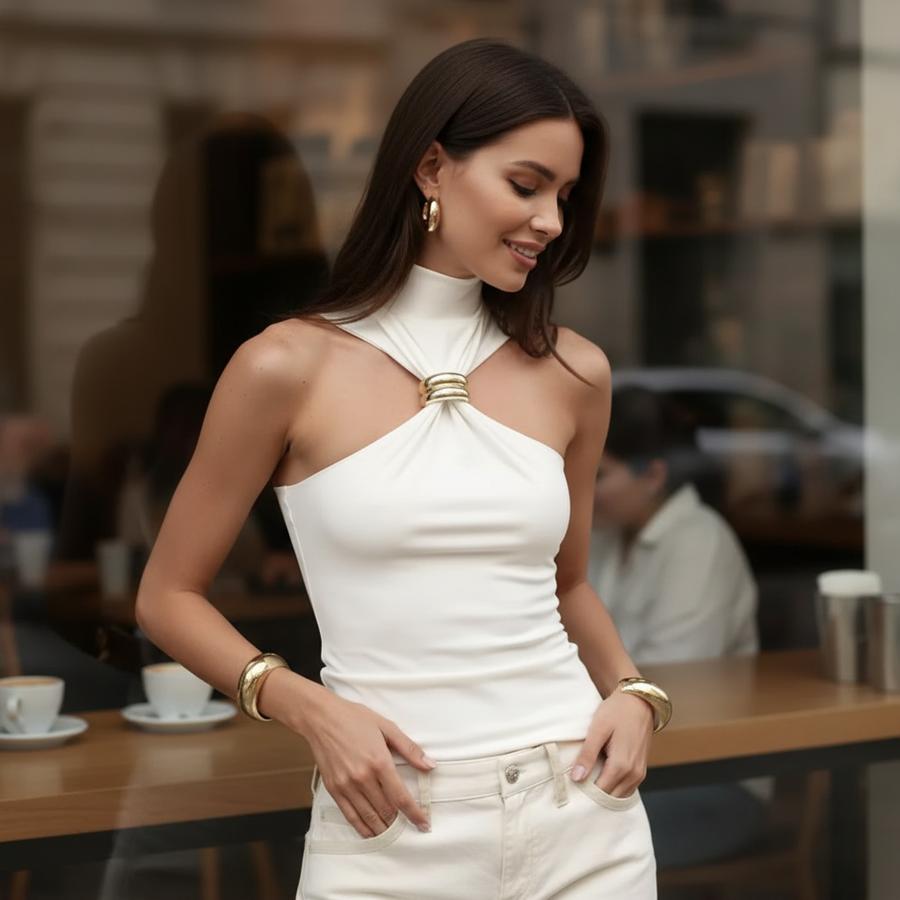 Women's Halter Neck Top | High Neckline Metal Ring Knit Sleeveless