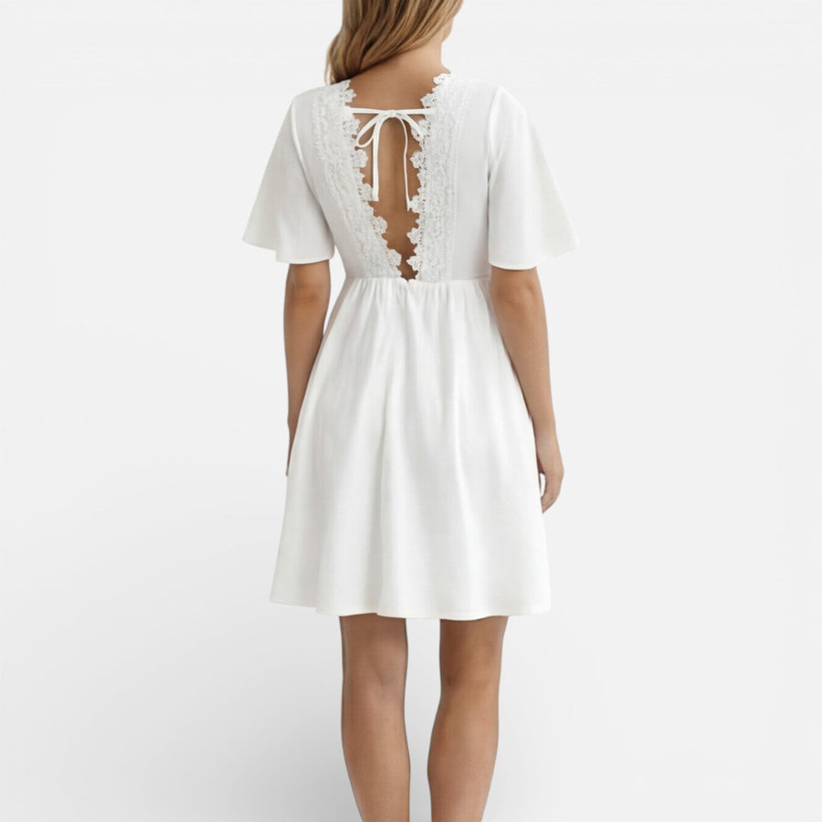 Women's White Midi Sundress | V-Neck Lace-Trim A-Line Short Sleeve