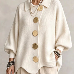 Women's Cardigan | Oversized Lantern Sleeves Scalloped Hem Button Closure