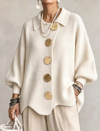 Women's Cardigan | Oversized Lantern Sleeves Scalloped Hem Button Closure