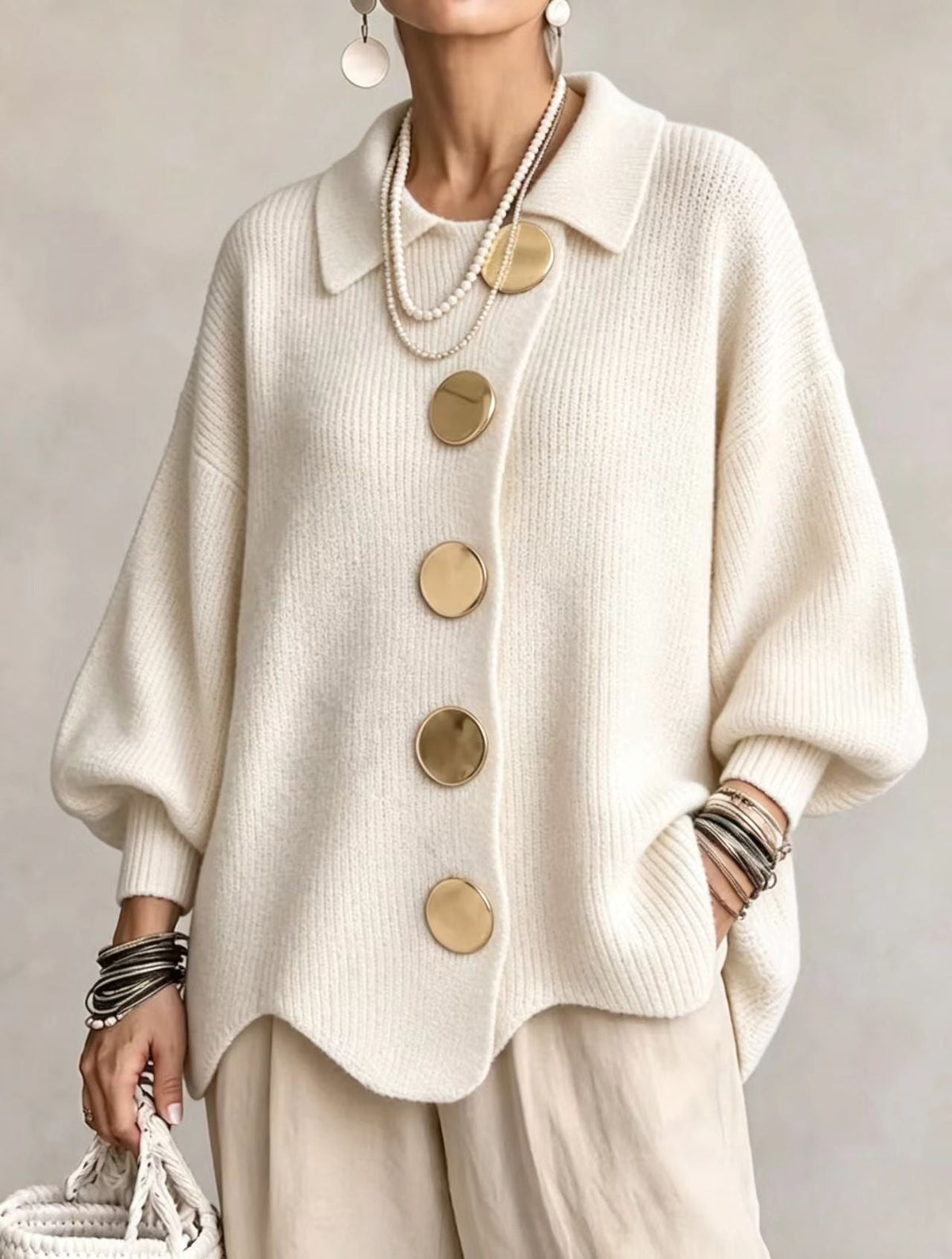 Women's Cardigan | Oversized Lantern Sleeves Scalloped Hem Button Closure