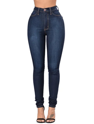 Stylish women's high waist skinny jeans. Figure-flattering slim fit, essential for modern fashion.