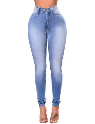 Trendy women's high waist skinny jeans. Elegant slim fit denim, perfect for office and everyday style.