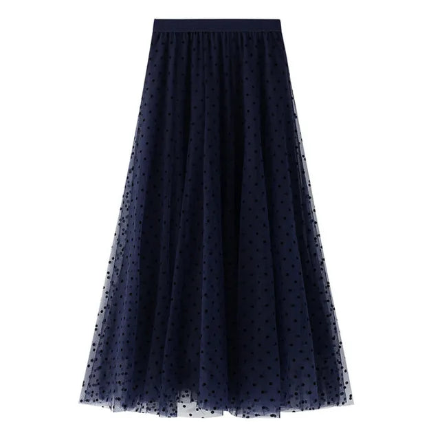 Women's Polka Dot Skirt | Midi Length A-Line Tulle Elastic Waist
