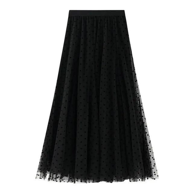 Women's Polka Dot Skirt | Midi Length A-Line Tulle Elastic Waist