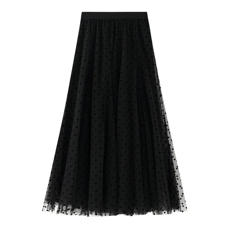 Women's Polka Dot Skirt | Midi Length A-Line Tulle Elastic Waist