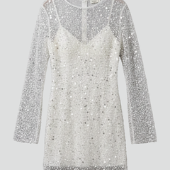 Elegant sheer mesh overlay dress full front view.