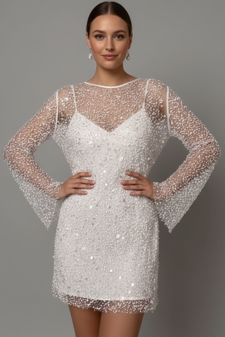 Women's Cocktail Dress | Mini Length Sequin Mesh Long Sleeve