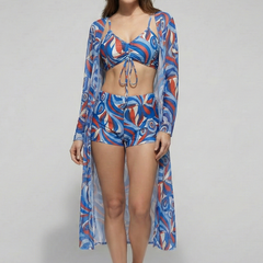 Women's Bikini Set | V Neck Tie Front Ruched Cover Up