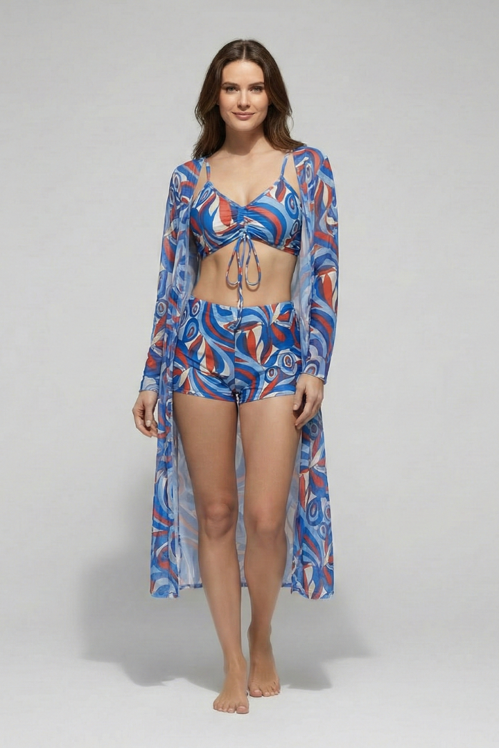 Women's Bikini Set | V Neck Tie Front Ruched Cover Up