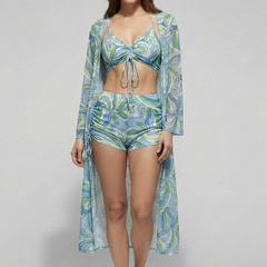 Women's Bikini Set | V Neck Tie Front Ruched Cover Up