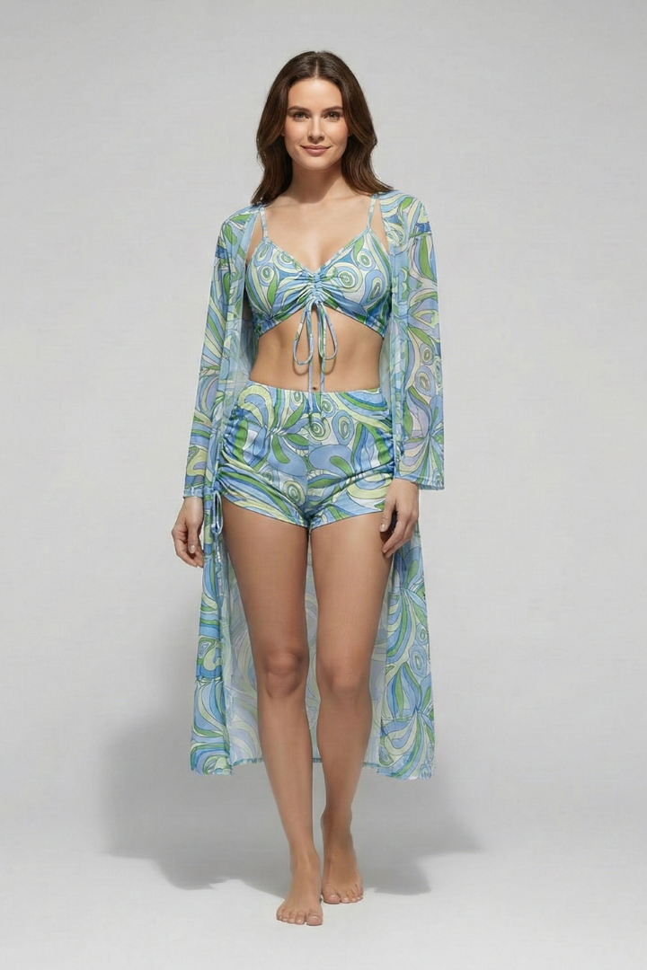 Women's Bikini Set | V Neck Tie Front Ruched Cover Up