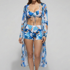 Women's Bikini Set | V Neck Tie Front Ruched Cover Up