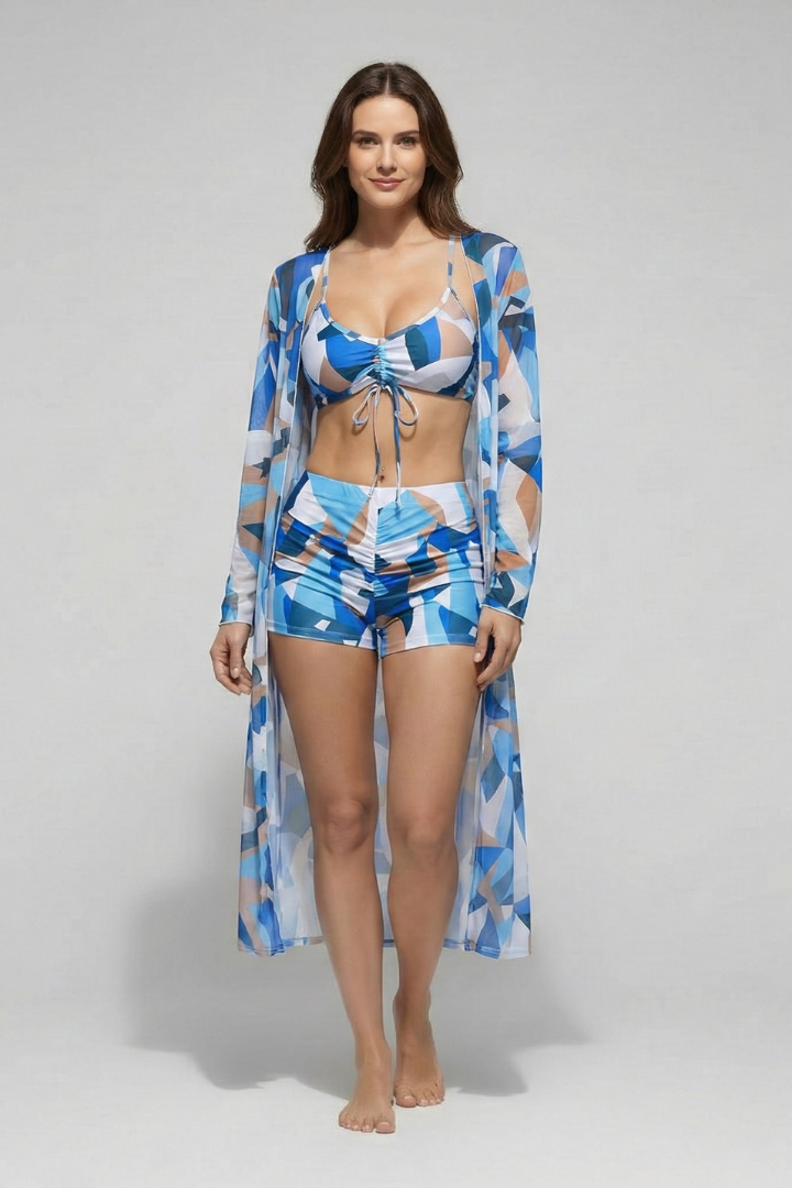 Women's Bikini Set | V Neck Tie Front Ruched Cover Up