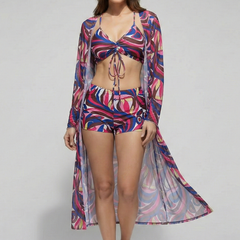 Women's Bikini Set | V Neck Tie Front Ruched Cover Up