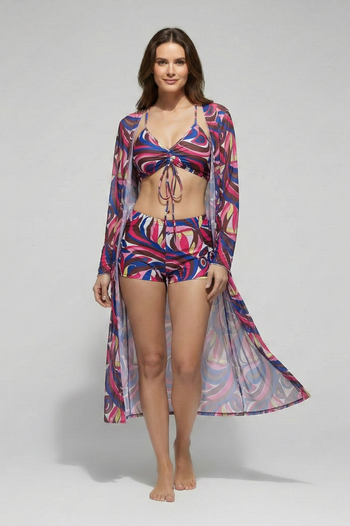Women's Bikini Set | V Neck Tie Front Ruched Cover Up