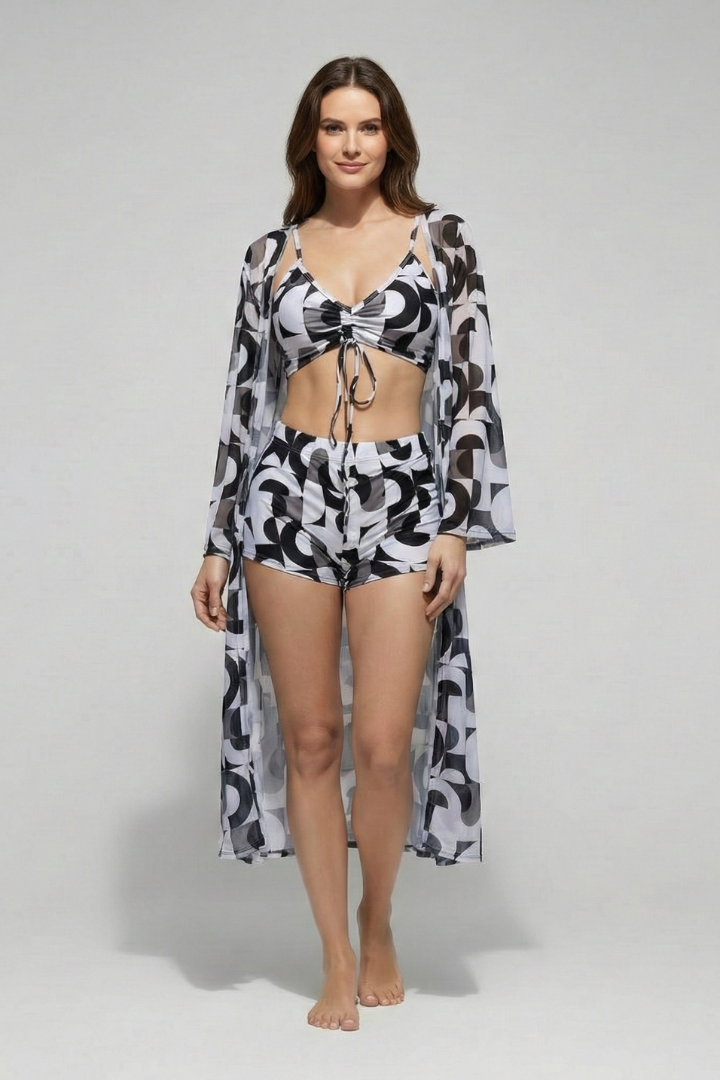 Women's Bikini Set | V Neck Tie Front Ruched Cover Up